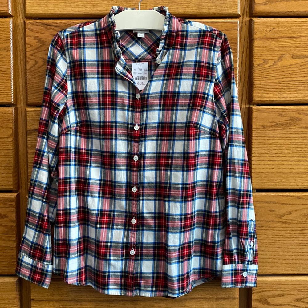 J. Crew Shirt Womens NWT Medium petite Red Blue White Plaid Button Up MP new